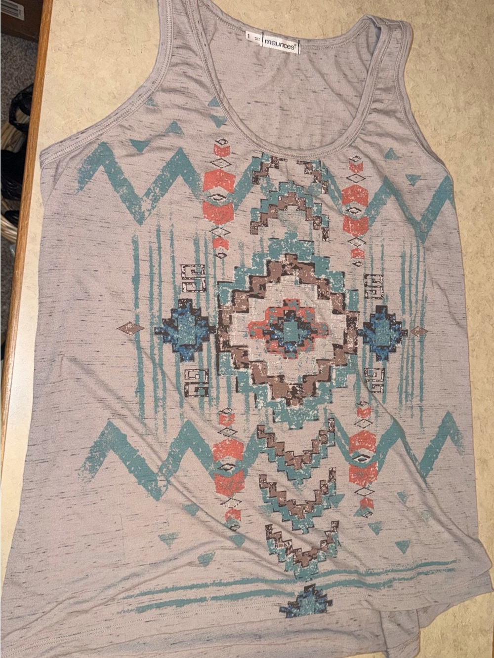 Maurices Size 1 Taupe Tank Top with Teal & Coral Tribal Print